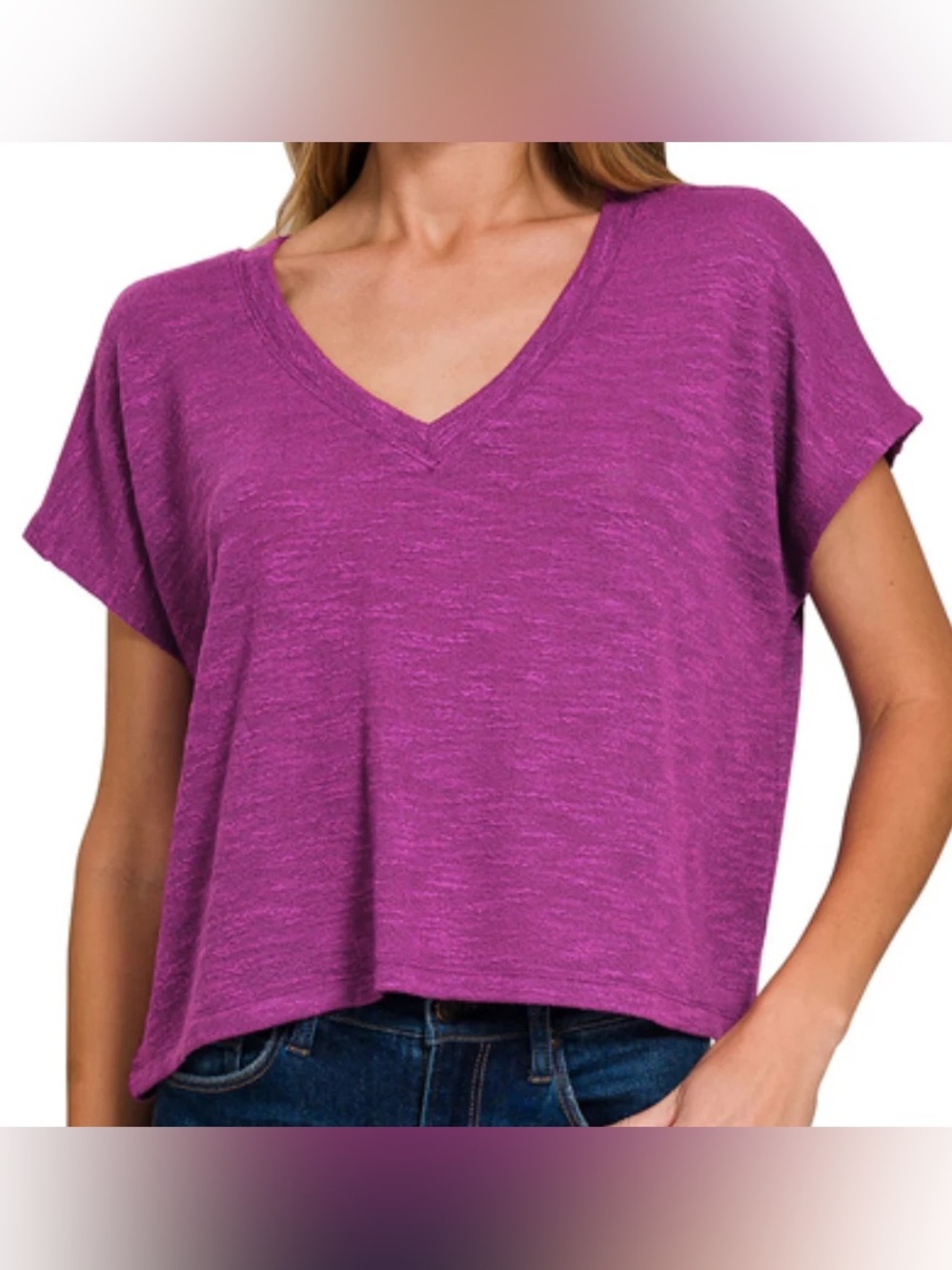 EUC💜Zenana V-Neck Slub Hacci Crop top Small Plum